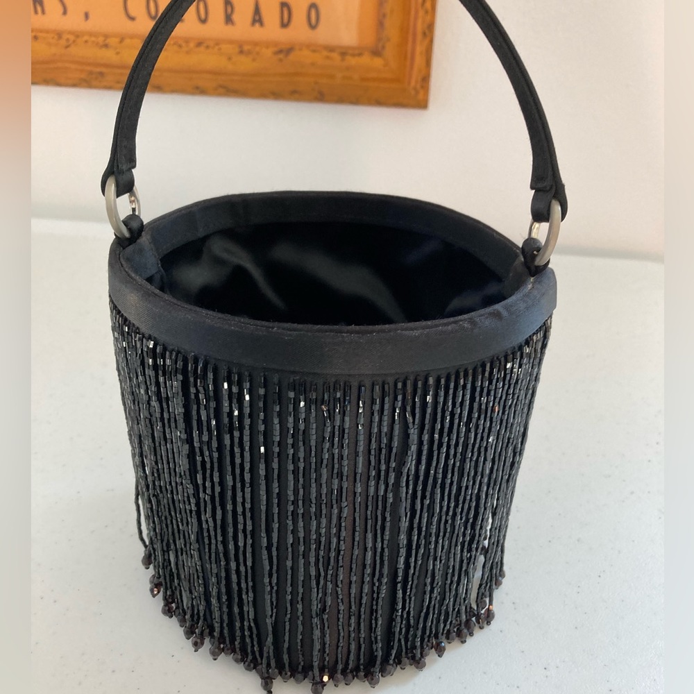 Nicole Miller Evening Bag. Black with Beaded Fringe Deco Bucket Bag